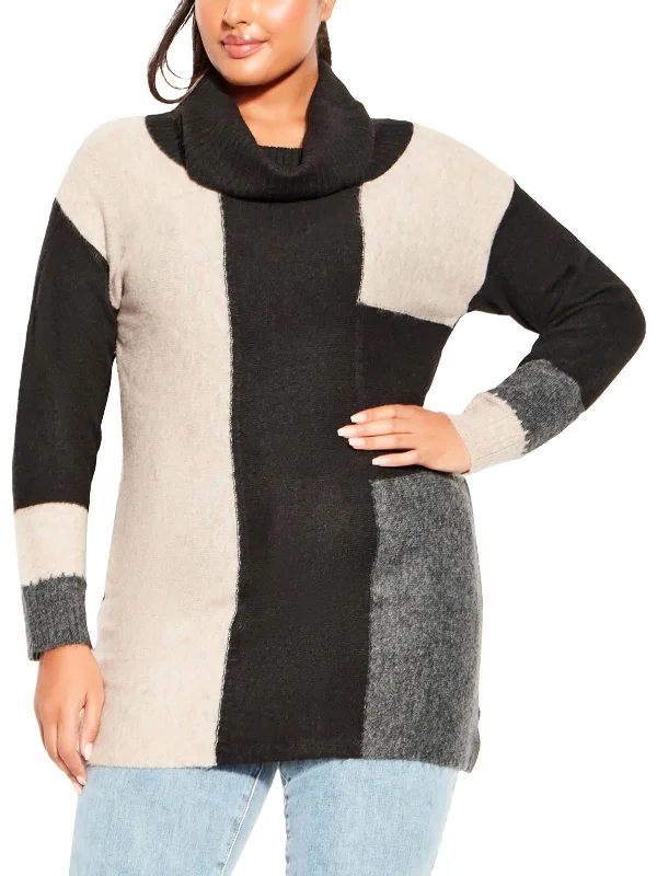 Feminine Elegance Plus Womens Cowl Neck Colorblock Pullover Sweater