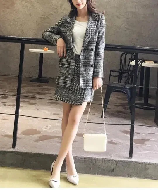 Style Upgrade Plaid Tweed Mini Skirt Suit