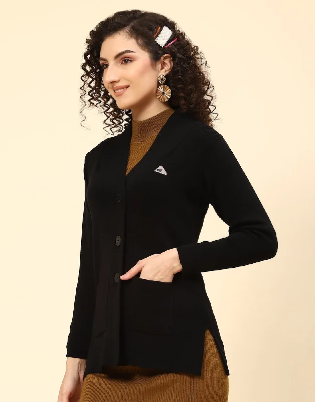 Glamorous Evening Wear Women Black Solid V Neck Full Sleeve Cardigan