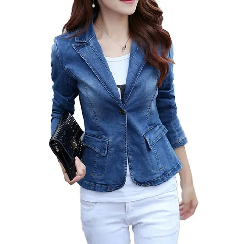 Dive Into Trendy Women's Fashion Denim Jean Blazer Women - Casual - Plain-Solid