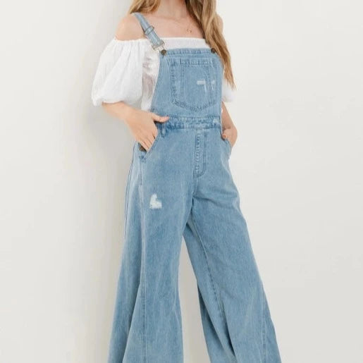 Versatile Wardrobe Essentials Women's Distressed Wide Leg Denim Overalls in Light Wash