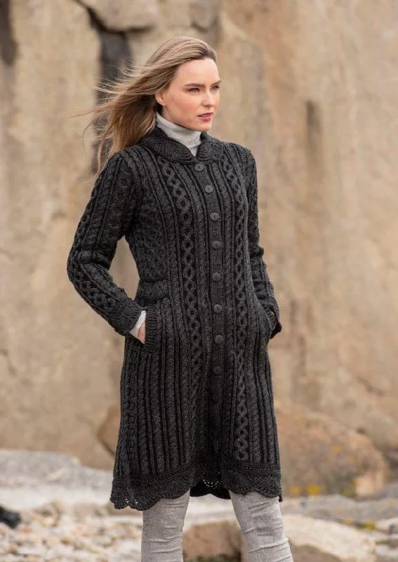 Free Spirited Fashion Aran Crafts Scallop Edge Coat  | Charcoal