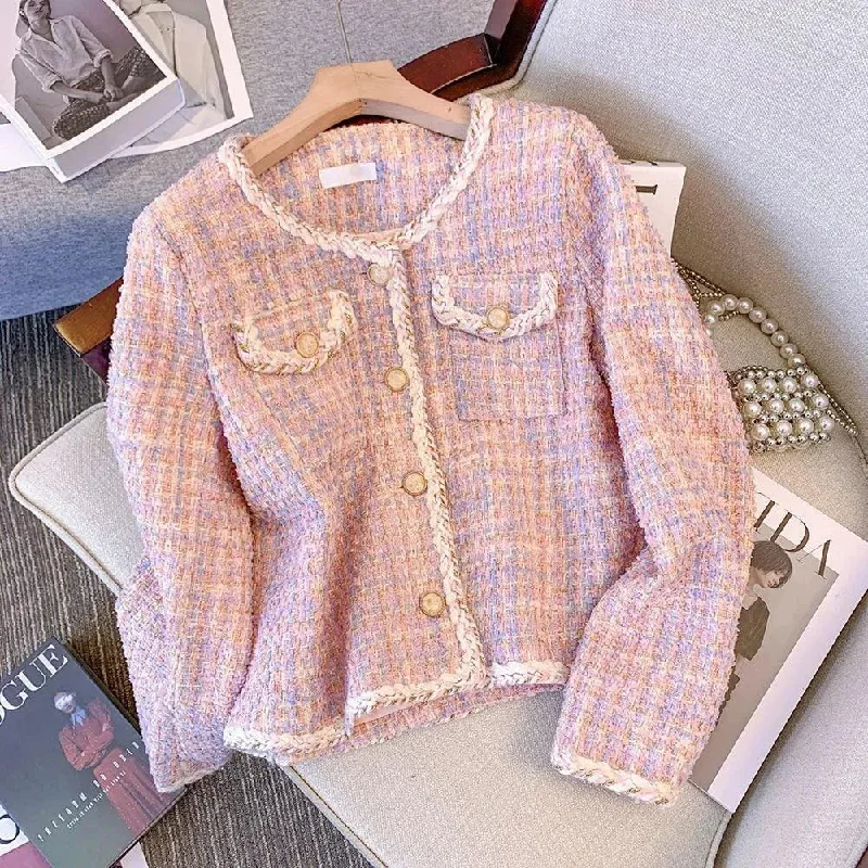 Trend Leading Collection Pink Plaid Tweed Jacket