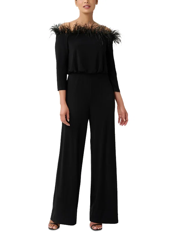 Feminine Grace Womens Feather-Trim Off-The-Shoulder Jumpsuit