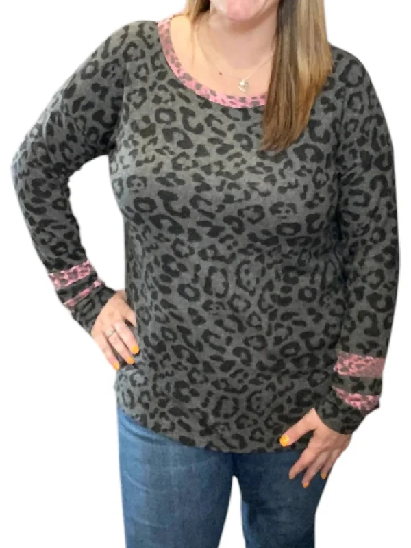 Absurdly Cheap Sale Leopard With Wine Accent Sweater In Gray