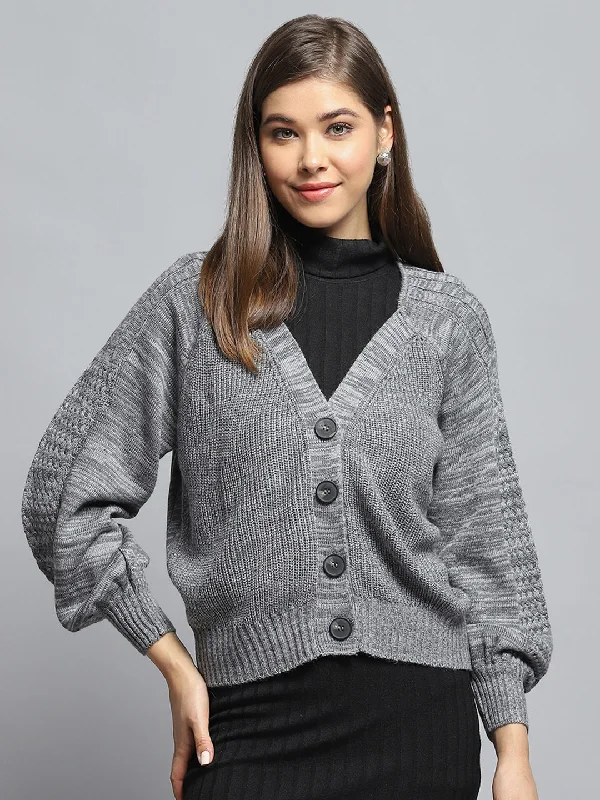 Season Appropriate Women's Collection Women Grey Self Design V Neck Full Sleeve Cardigan