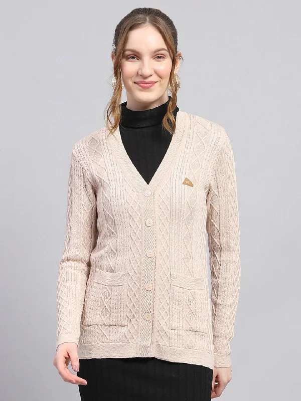 Durable Fashion Picks Women Beige Self Design V Neck Full Sleeve Cardigan