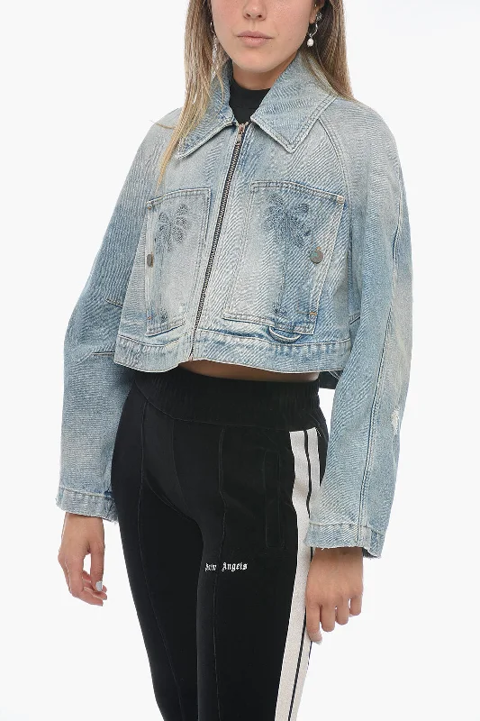 Final Sale Palm Angels Cropped Fit Denim Jacket with Front Zip