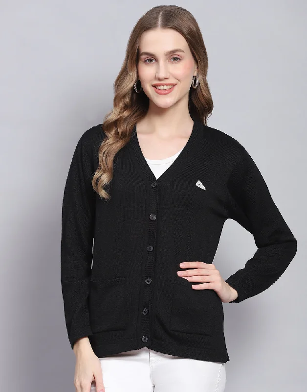 Classic Timeless Elegant Style Women Black Solid V Neck Full Sleeve Cardigan