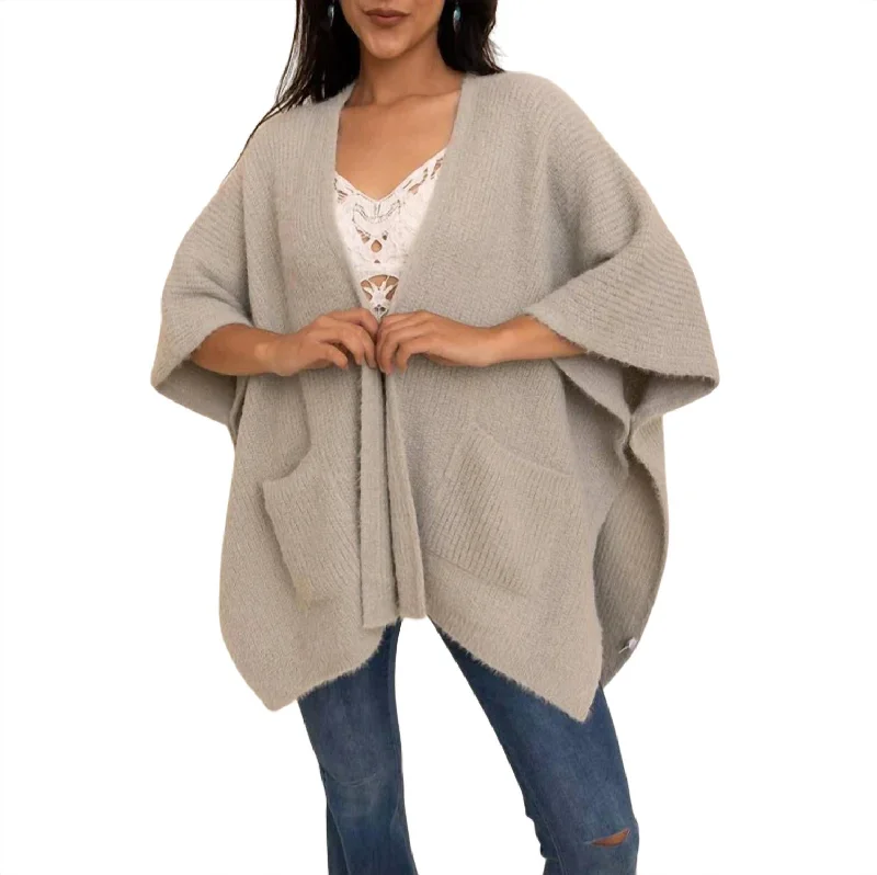 Elegant Simplicity Wardrobe Chic Boucle Cozy Poncho Cardigan In Sage