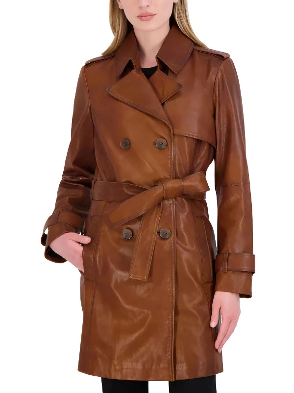 Relaxed Style Petites Womens Collared Long Leather Jacket