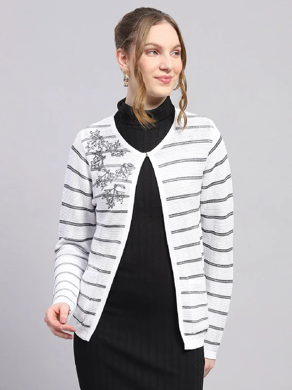 Chic Style, Always In Vogue Women White Stripe Round Neck Full Sleeve Cardigan