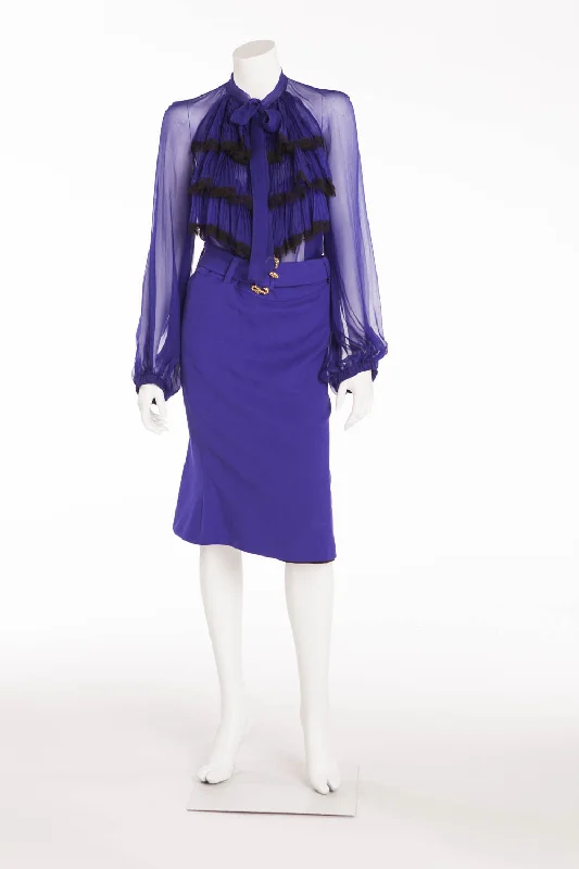 Vibrant Femme Fashion Roberto Cavalli - 2PC Royal Blue Sheer Blouse Top & Skirt - IT 40