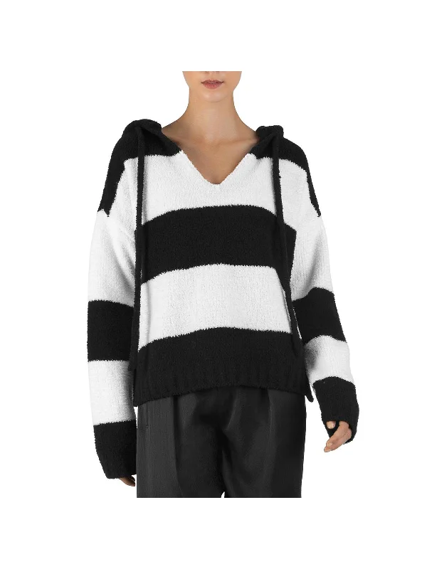 Minimalist Office - Ready Style Chenille  Womens Striped Hoodie V-Neck Sweater