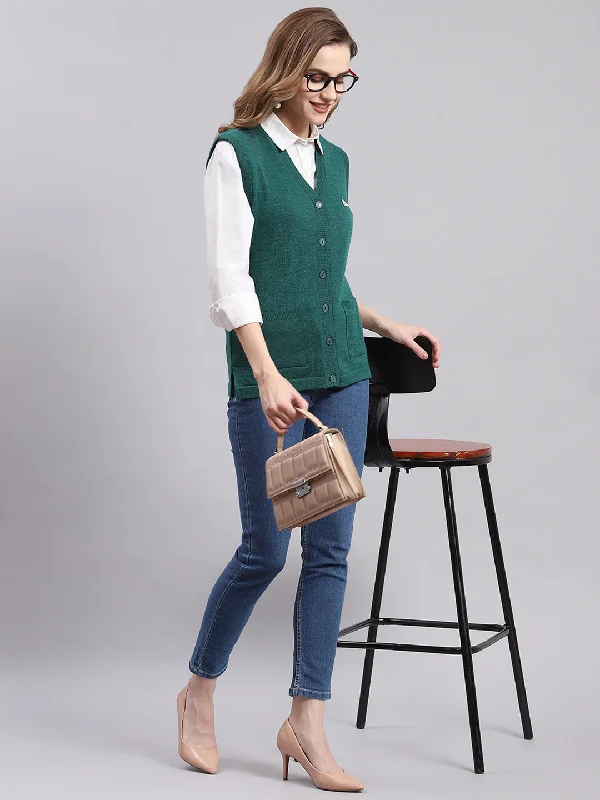 Fashion Forward Women Green Solid V Neck Sleeveless Cardigans