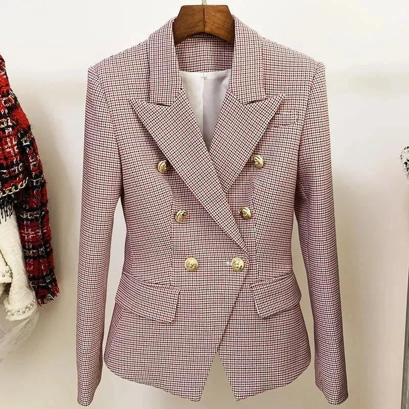 Wardrobe Upgrade Pink Houndstooth Blazer Women - Formal-Business - Plaid