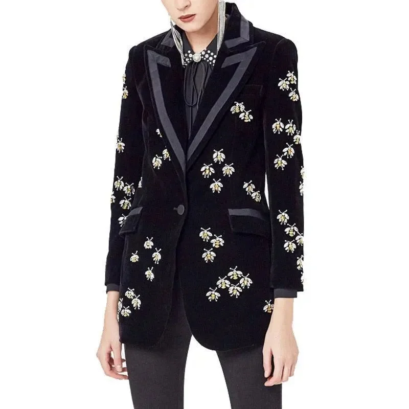 Fashion Forward Bees Beaded Velvet Blazer Women - Casual - Printed