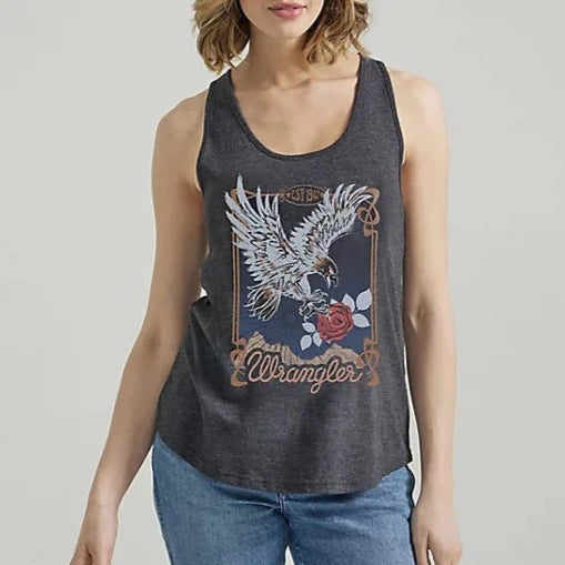 Flash Sale Starts Wrangler Retro Women's Swooping Eagle Racerback Tank in Caviar Heather