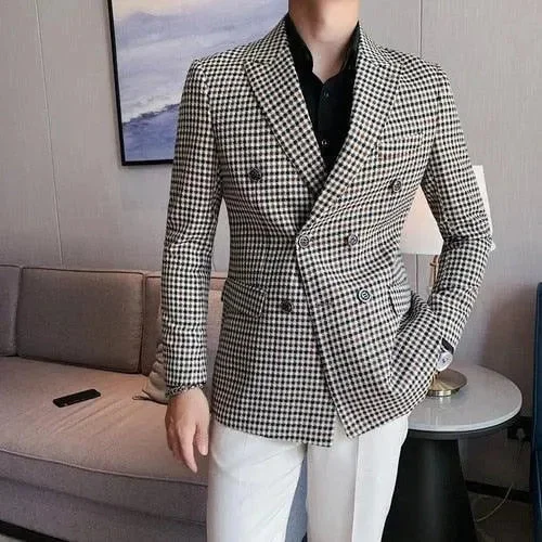 Effortless Comfort Men Blazer - Double-Breasted Houndstooth Blazer