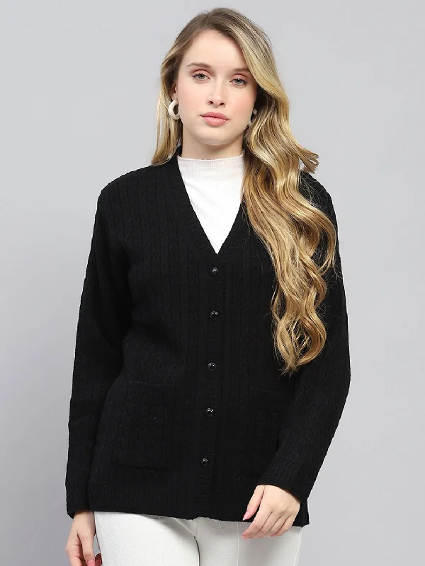 Wardrobe Upgrade Women Black Self Design V Neck Full Sleeve Cardigan