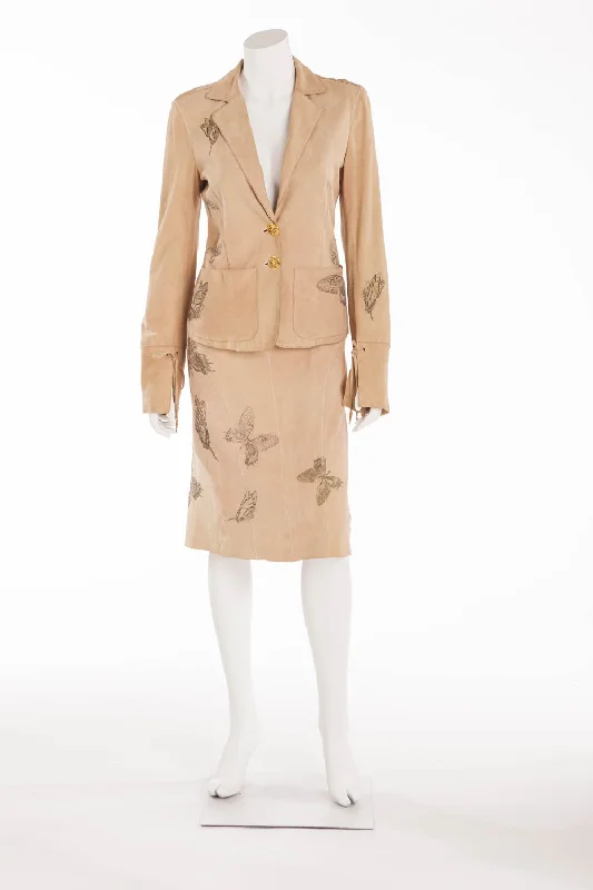 Premium Fashion Roberto Cavalli - 2PC Tan Suede Butterfly Skirt and Jacket - S