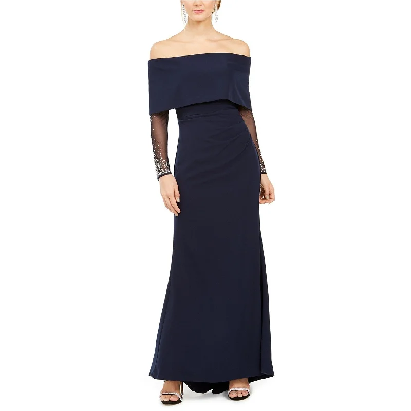 Timeless Classics Vince Camuto Womens Rhinestone Sleeve Gown Off-Shoulder Dress, Blue, 6