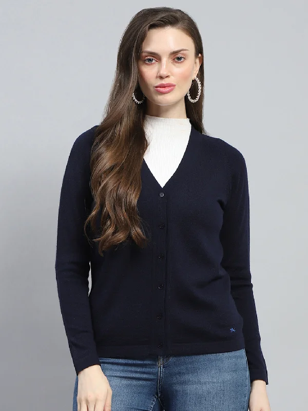 Elegant Clothing Women Navy Blue Solid V Neck Full Sleeve Cardigan