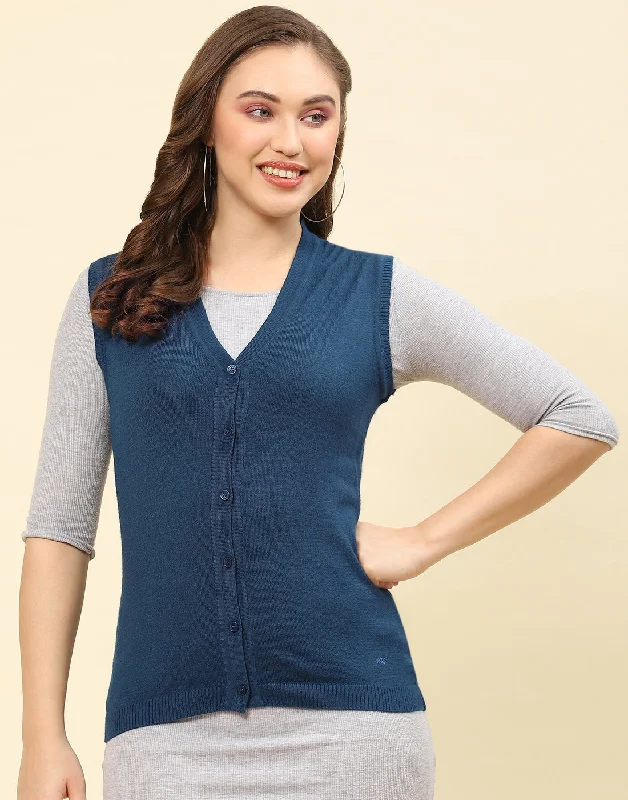 Chic Trends Unveiled Women Teal Blue Solid V Neck Sleeveless Cardigan