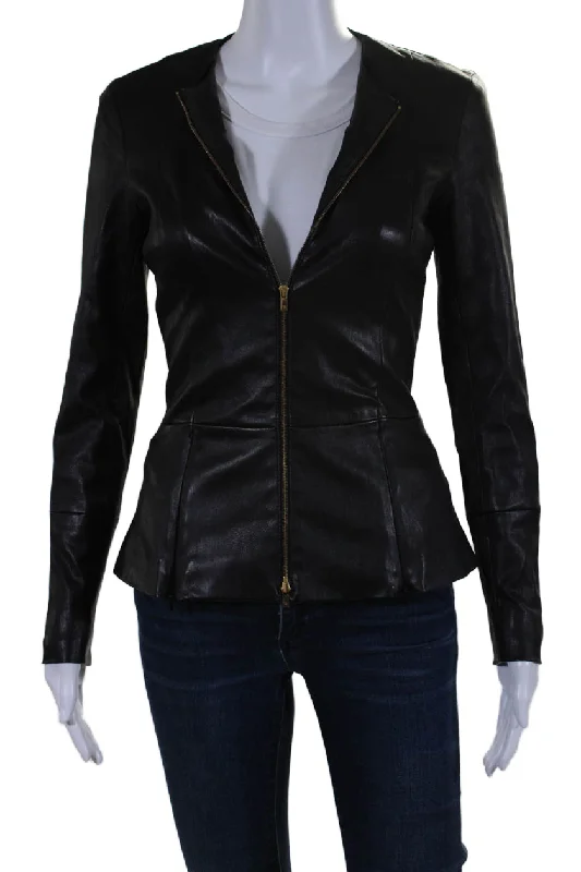 Daily Essentials The Row Womens Long Sleeve Front Zip Crew Neck Leather Jacket Black