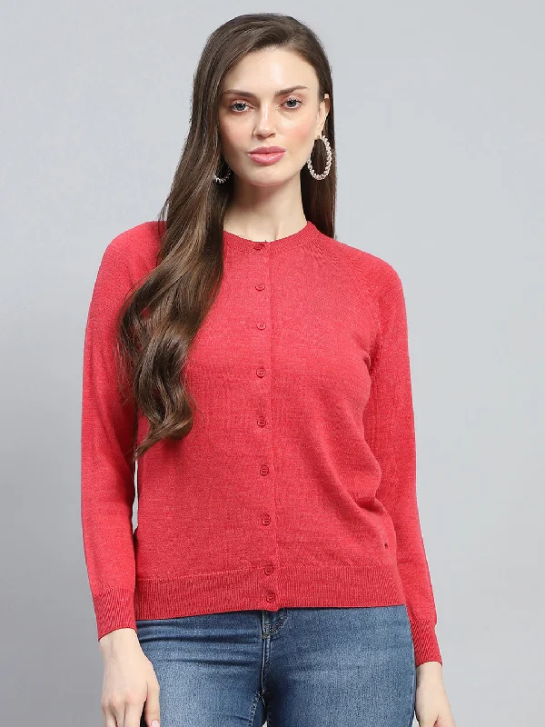 Everyday Wear Women Red Solid Round Neck Full Sleeve Cardigan