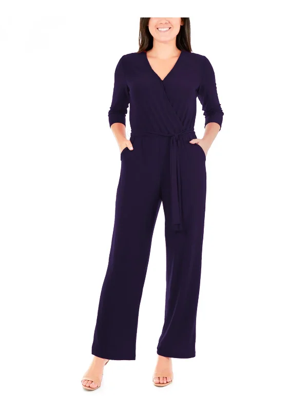 Hot Trends Petites Womens V-Neck Belted Jumpsuit