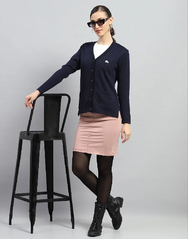 Festival Fashion Women Navy Blue Solid V Neck Full Sleeve Cardigan