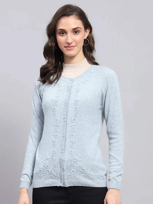 Trendy Street Style Women Sky Blue Solid Round Neck Full Sleeve Cardigan