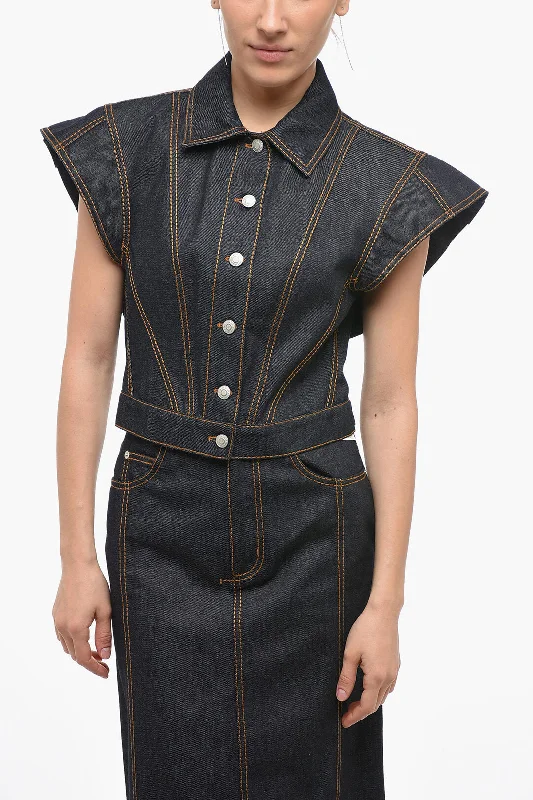 Snag Fabulous Fashion Bargains Alexander McQueen Denim Cropped Jacket with Flap Sleeves