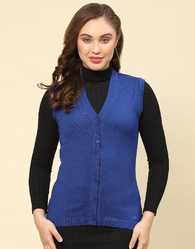 Versatile Wardrobe Essentials Women Blue Solid V Neck Sleeveless Cardigan