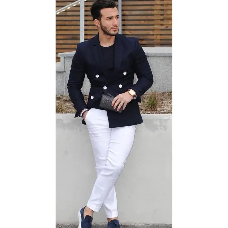 Enjoy Discount Men Blazer - Navy Blue Double-Breasted Blazer