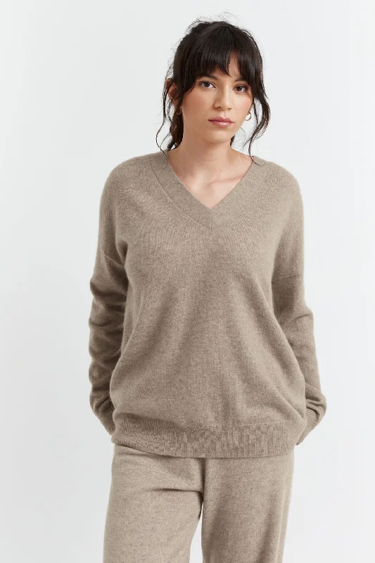 Step Ahead, Lead The Trend Soft-Truffle Cashmere V-Neck Sweater