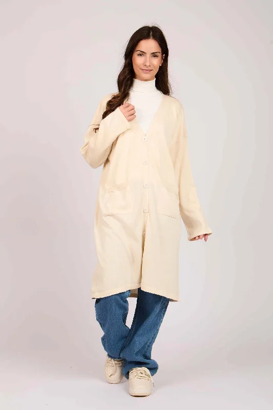 Casual Elegance Women Long Buttoned Cardigan Off White