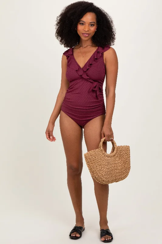 Limited Time Deal Burgundy Rib Ruffle V Neck Side Tie Knot Swimsuit