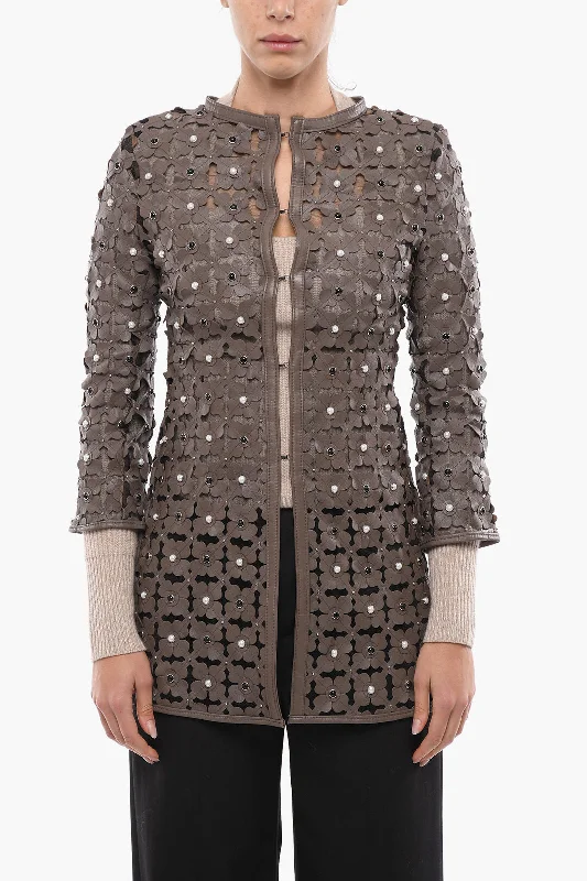 Chic Trends Unveiled Caban Romantic Sheer Overcoat with Embossed Leather Applications