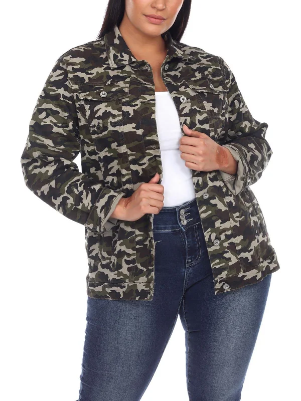 Rustic Countryside Charm Look Plus Womens Camouflage Long Sleeves Denim Jacket