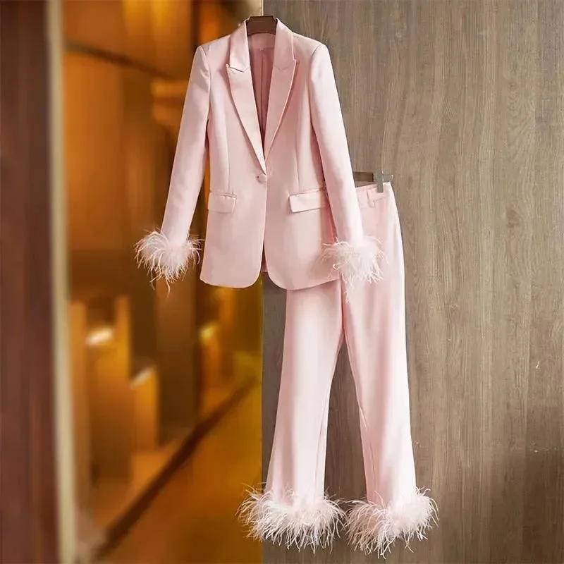 Current Trends Luxury Pink Feather Pantsuit