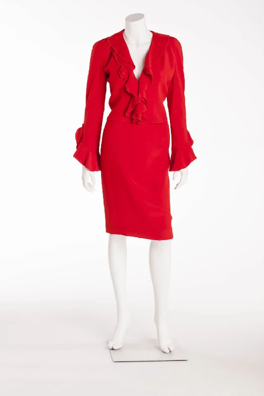 Minimalist Style Valentino - 3PC Red Skirt, Ruffle Jacket, Pants - IT 40