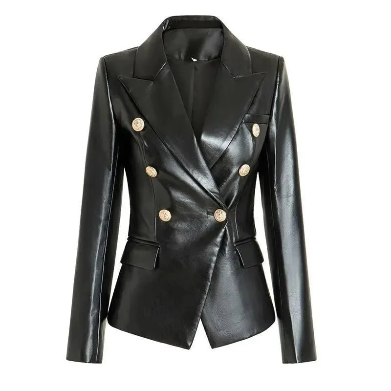 Season Sale Black Leather Blazer Women - Formal-Business - Plain-Solid