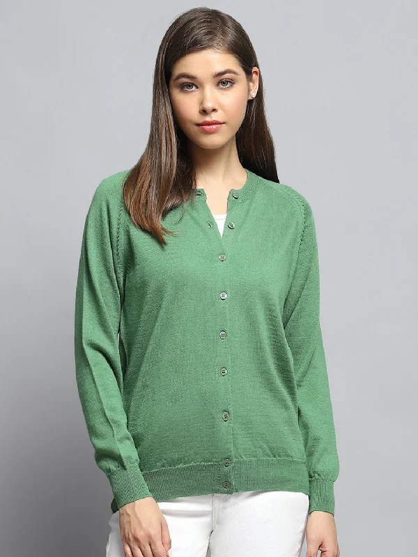 All Season Fashion Collection Women Green Solid Round Neck Full Sleeve Cardigan