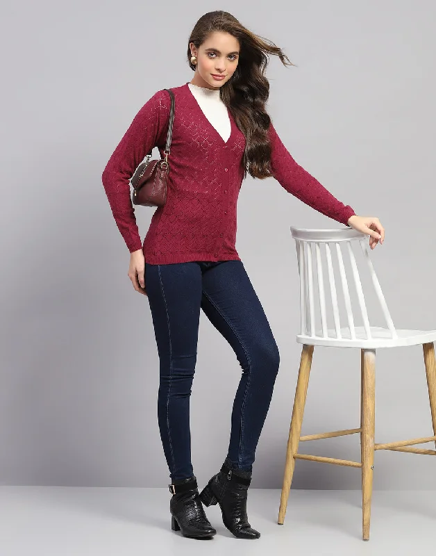 Edgy Fashion Women Maroon Self Design V Neck Full Sleeve Cardigan