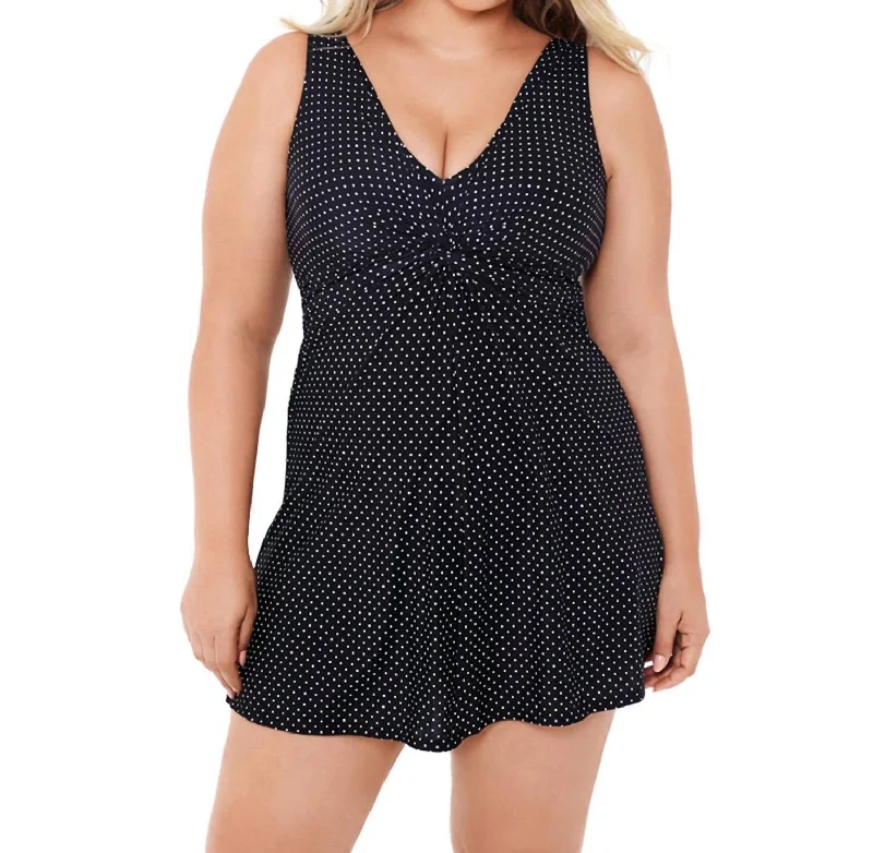 Elegant Clothing Plus Size Pin Point Marais Knot Front Swimdress In Black