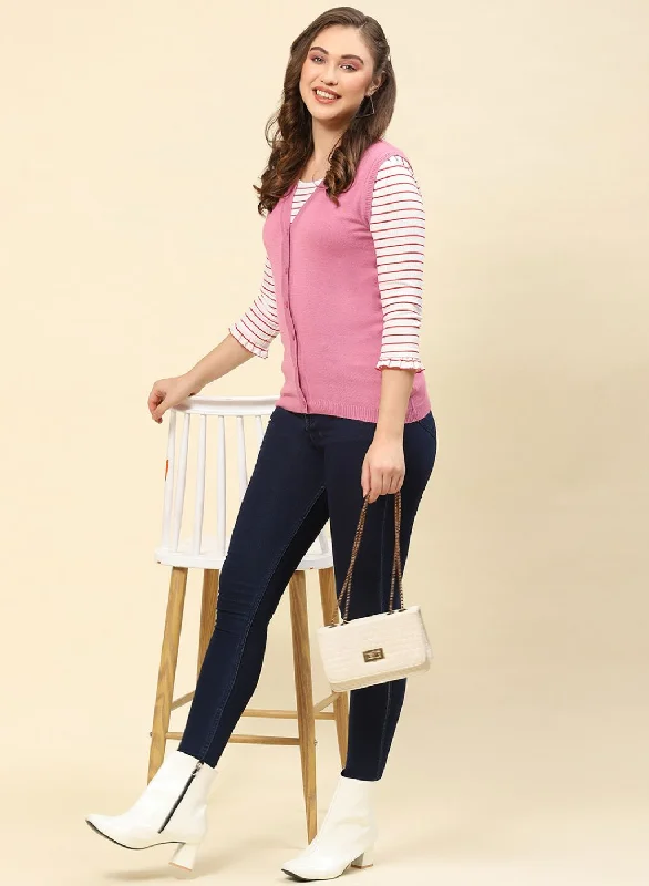 Relaxed Style Women Pink Solid Modal Nylone Cardigan