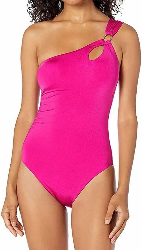 Holiday Glam Solid One Shoulder One-Piece Bikini In Berry