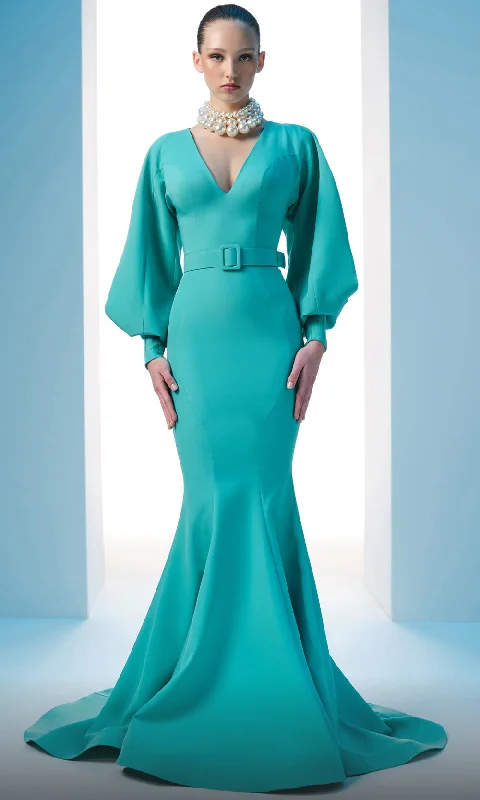 Latest Fashion MNM Couture N0605 - Deep V-Neck Seamed Evening Gown